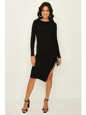 Select Moda Kadın Bisiklet Yaka Yırtmaçlı Bodycone Örme Elbise