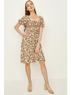 Select Moda Kadın Çiçek Desenli Balon Kollu Gipeli Elbise