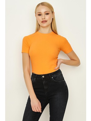 Select Moda Kadın Kısa Kollu Kaşkorse Alttan Çıtçıtlı Body