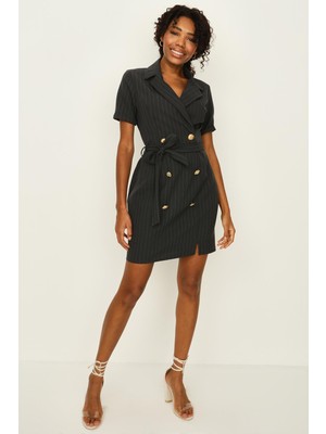 Select Moda Kadın Çizgili Düğme Detaylı Kuşaklı Ceket Elbise