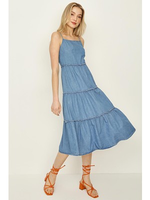 Select Moda Kadın Askılı Bloklu Denim Elbise