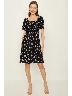 Select Moda Kadın Çiçekli Gipeli Balon Kollu Elbise