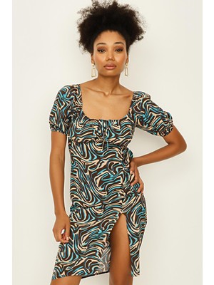 Select Moda Kadın Desenli Kare Yaka Balon Kollu Elbise