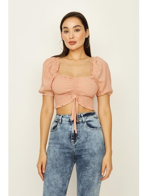 Select Moda Kadın Gipeli Balon Kollu Crop Bluz