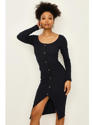 Select Moda Kadın Yuvarlak Yaka Uzun Kollu Yırtmaçlı Kaşkorse Elbise