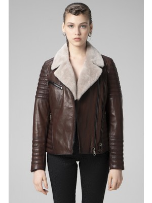 Dericlub K2371 Jumbo Gerçek Deri Yaka Kürklü Kadın Mont