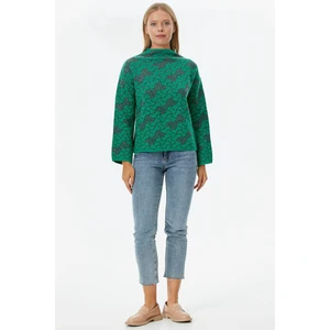 Dik Yaka Sim Detaylı Desenli Triko Kazak - Yeşil