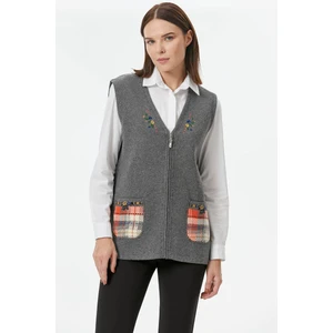 Kadın Cepli Fermuarlı Triko Yelek - Koyu Gri