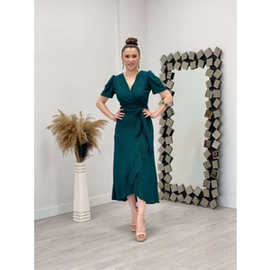 giyimmasalı Ithal Simli Kumaş Kuşak Detaylı Midiboy Elbise - Zümrüt Yeşil