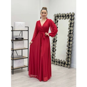 giyimmasalı Simli Tül Kumaş Kuşaklı Kiloş Elbise - Kırmızı