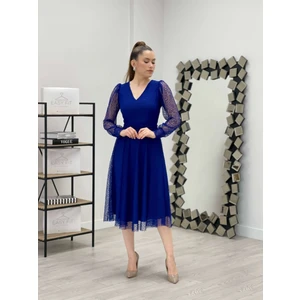 giyimmasalı Dantel Kumaş V Yaka Midi Elbise - Saks Mavi