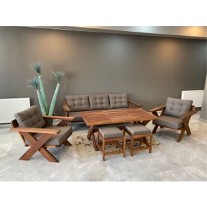 Zerka Concept Verona Masif Ahşap Bahçe Balkon Koltuk Takımı Kestane Ağacı 3+1+1 Koltuk, Masa ve Puf Takımı Gri Renk