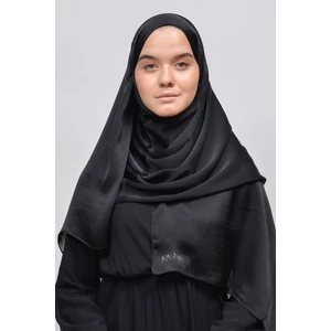 Janjan Parlak Saten Dokulu Tesettür Abiye Şifon Şal-Siyah