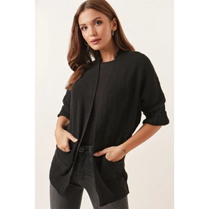 Saygı Giyim Yarım Balıkçı Yarasa Kol Cepli Triko Panço Hırka Siyah