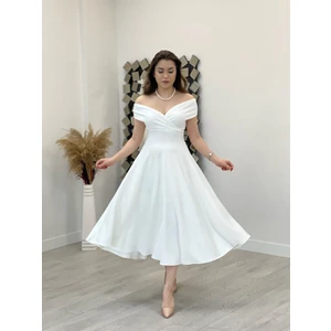 Kayık Yaka Midi Elbise - Beyaz