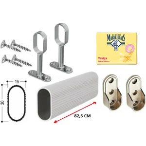 Dolap Içi Askılık Borusu Alüminyum Oval 82,5 cm + 2 Adet Oval Ayaklı Flanş + 2 Adet Oval Sabit Flanş + Montaj Vidaları Set