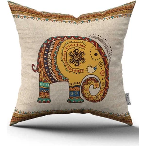 Cango Home Krem Etnik Fil Desenli Dijital Baskılı Kırlent Yastık Kılıfı -CGH1256
