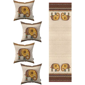 Cango Home Krem Etnik Fil Desenli 4lü Kırlent Kılıfı 1 Runner Seti 4KMBS299-RS-1