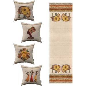 Cango Home Krem Etnik Afrika Figürlü Fil Desenli 4lü Kırlent Kılıfı 1 Runner Seti 4KMBS304-RS-1