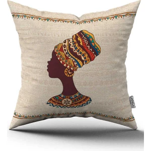 Cango Home Krem Etnik Afrika Kadın Figürlü Dijital Baskılı Kırlent Yastık Kılıfı -CGH1257