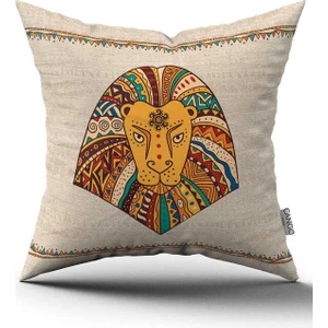 Cango Home Çift Taraflı Krem Etnik Afrika Aslan Figürlü Dijital Baskılı Kırlent Yastık Kılıfı -CGH1259-CT