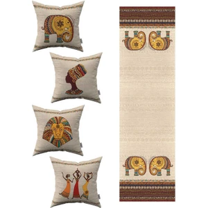 Cango Home Krem Etnik Afrika Figürlü Fil Desenli 4lü Kırlent Kılıfı 1 Runner Seti 4KMBS304-RS-2