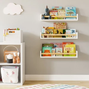 Beyaz Ahşap Raf Naturel Çıtalı 3'lü Set 50 cm