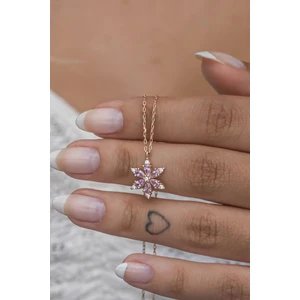 925 Ayar Gümüş Pembe Taşlı Lotus Kamelya Çiçeği Kolye