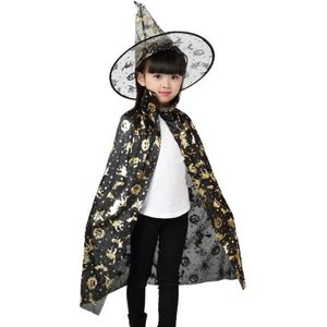 Halloween Ürkünçler Baskılı Çocuk Cadı Şapkası ve Cadı Pelerini Seti 80 cm Altın Renk