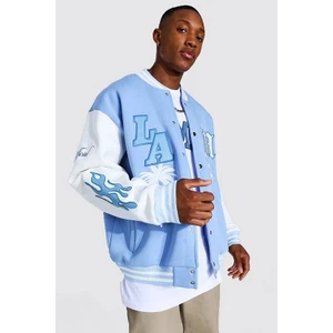Erkek Oversize Bomber Kolej Ceket – Los Angeles Nakışlı, Açık Mavi, Pamuk-Polyester, Günlük Sokak Modası