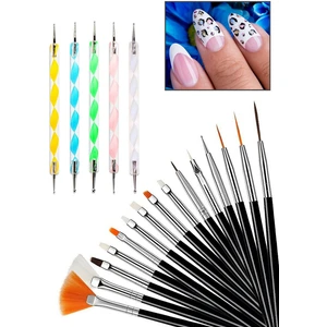 Nail Art 20 Parça Tırnak Süsleme Desen Fırça 15'li ve Dot Kalem Seti 5'li