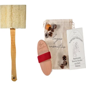 Saplı Sırt Kesesi Doğal Kabak Lifi Kese Ahşap Saplı Vücut Kesesi ve At Kılı Fırçası