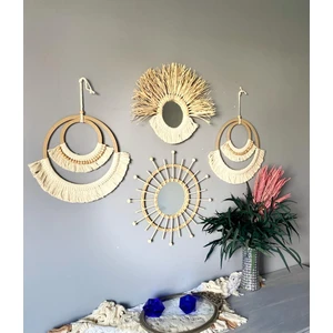 Wall Decoration Art Bohem Makrome ve Bambu Ayna Duvar Dekorasyon Ürünü 4’lü Set