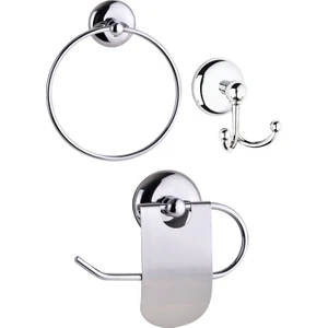 Yuvarlak Havluluk, Ikili Bornoz Askılık ve Dar Kapaklı Kağıtlık - 3'lü Set - Banyo Aksesuar Seti