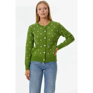 Inci Düğmeli Çiçek Desenli Triko Hırka - Yeşil