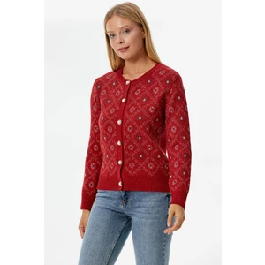 Inci Düğmeli Çiçek Desenli Triko Hırka - Kırmızı