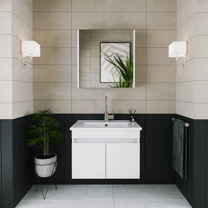 Roomart 2 Kapaklı Lavabolu Beyaz Mdf 65 cm Banyo Dolabı + Aynalı Banyo Üst Dolabı