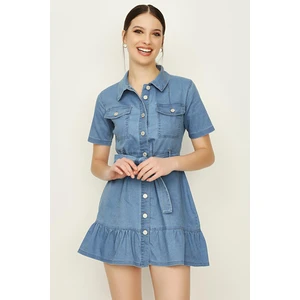 Select Moda Kadın Önden Düğmeli Eteği Fırfırlı Denim Elbise