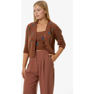 Çiçek Motifli Crop Triko Takım - Taba