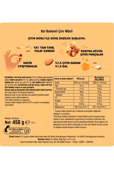 Dr.Oetker Vitalis Knusper Çıtır Bal Bademli Müsli 450 gr