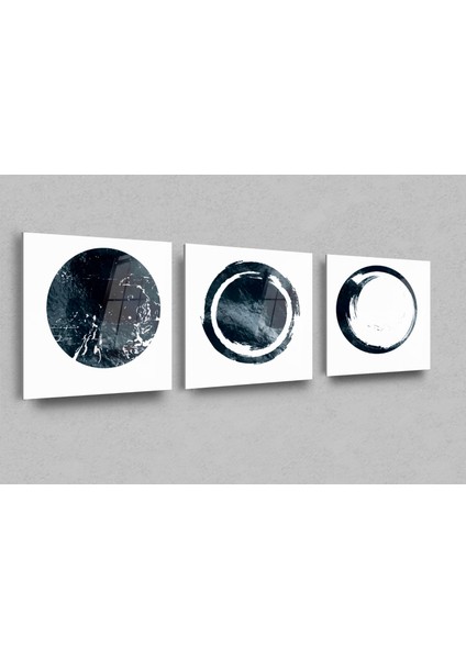 3lü Lacivert Dairesel Soyut Cam Tablo, Modern Tablo, Duvar Dekor, Büyük Tablo, Cam Duvar Tablo