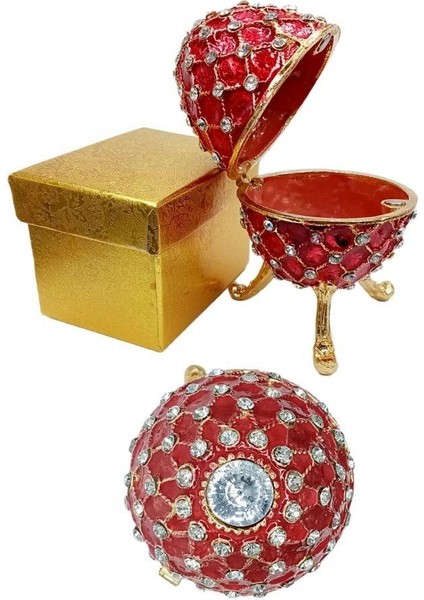 Dünyadan Hediyeler Faberge Yumurta Swarovski Taşlı Lüks Mücevher Kutusu Kırmızı 10 cm