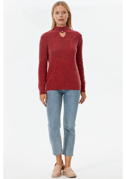 Damla Yaka Inci Detaylı Triko Kazak - Kırmızı