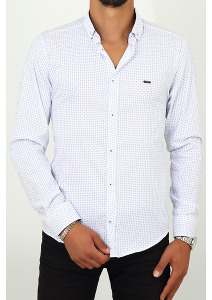 Slim Fit Desenli Beyaz Renk Erkek Gömlek