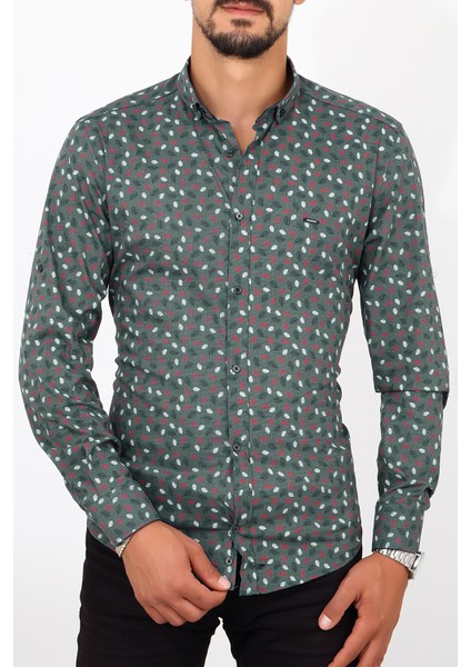 Slim Fit Desenli Yeşil Renk Erkek Gömlek