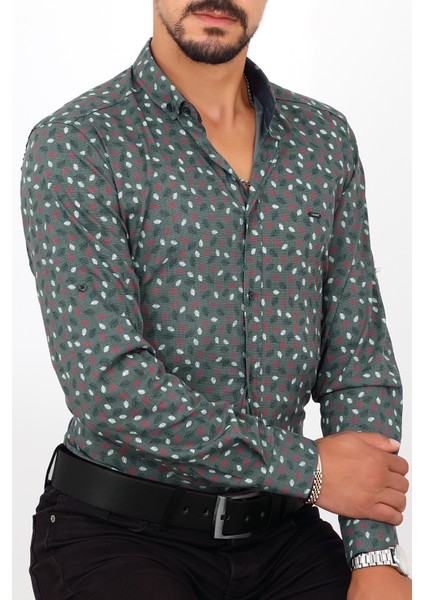 Slim Fit Desenli Yeşil Renk Erkek Gömlek modelleri