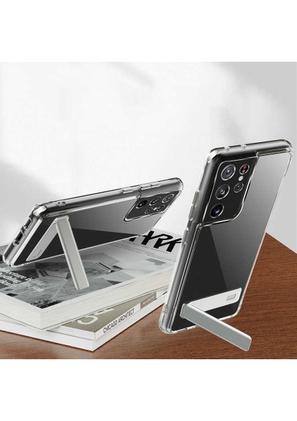 Galaxy S21 Ultra Kılıf Standlı Şeffaf Silikon L-Stand Kapak