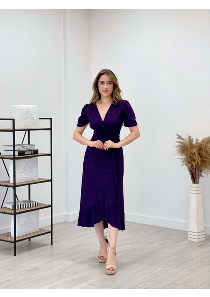 Ithal Simli Kumaş Kuşak Detaylı Midiboy Elbise - Patlıcan Mor
