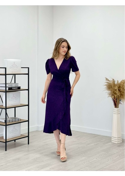 Ithal Simli Kumaş Kuşak Detaylı Midiboy Elbise - Patlıcan Mor fiyatları