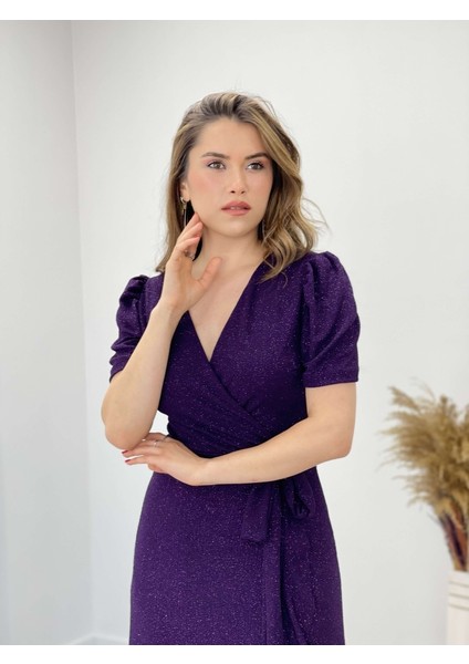 Ithal Simli Kumaş Kuşak Detaylı Midiboy Elbise - Patlıcan Mor fırsatları